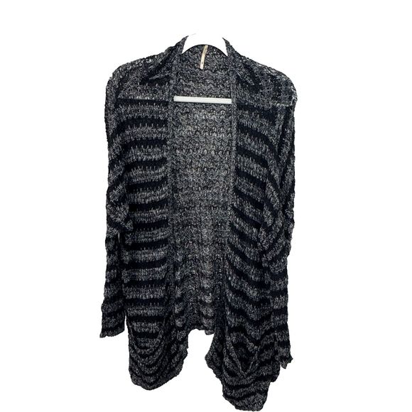 Free People Black Gray Striped‎ Knit Open Front Long Sleeve Cardigan Sweater M - Picture 1 of 4